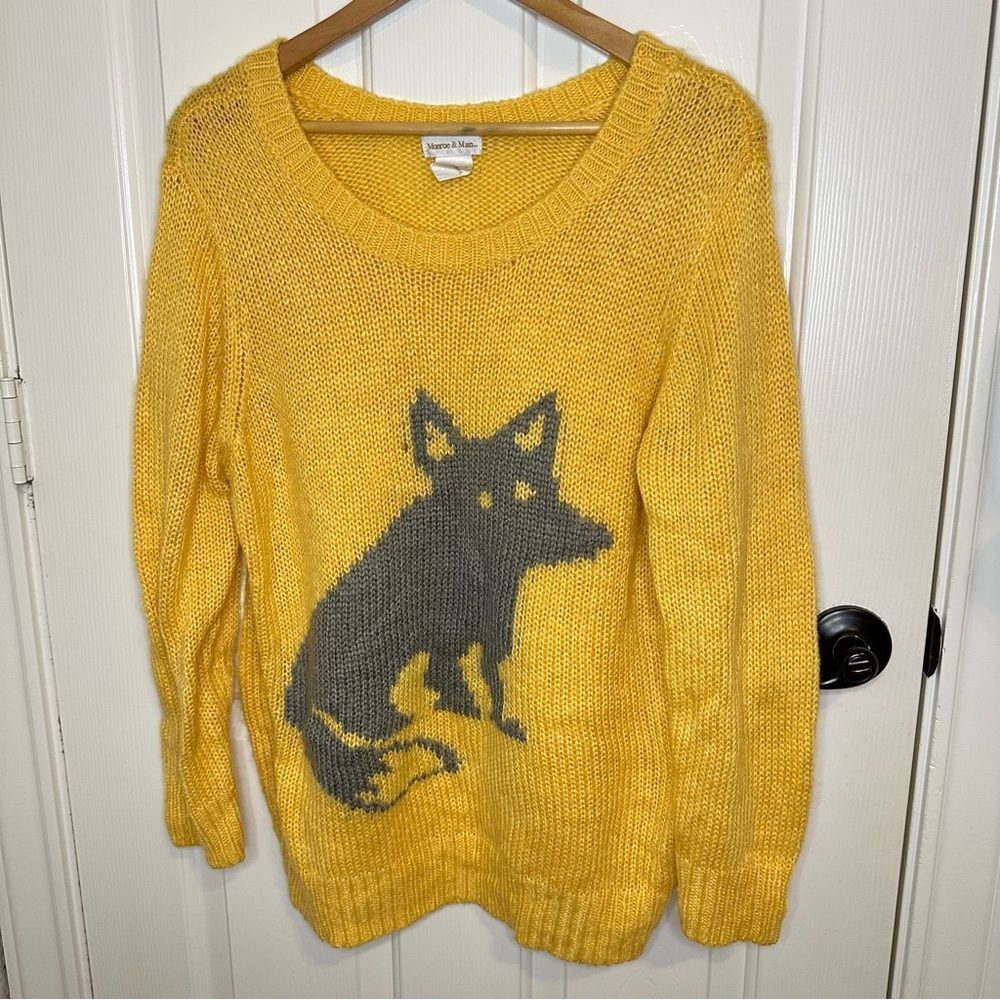 VTG Monroe & Main Mustard Yellow Gray Fox Knit Sweater XL Boho Preppy Holidays